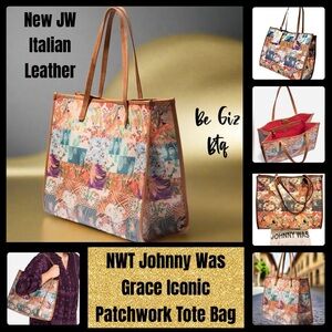 Johnny Was Grace Iconic Patchwork Tote Bag Tan Leather Iconic Patchwork Design